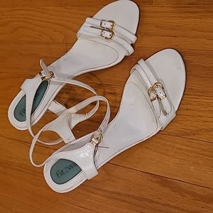 Fitzwell white high heel sandals with ankle straps and gold accents size 8
